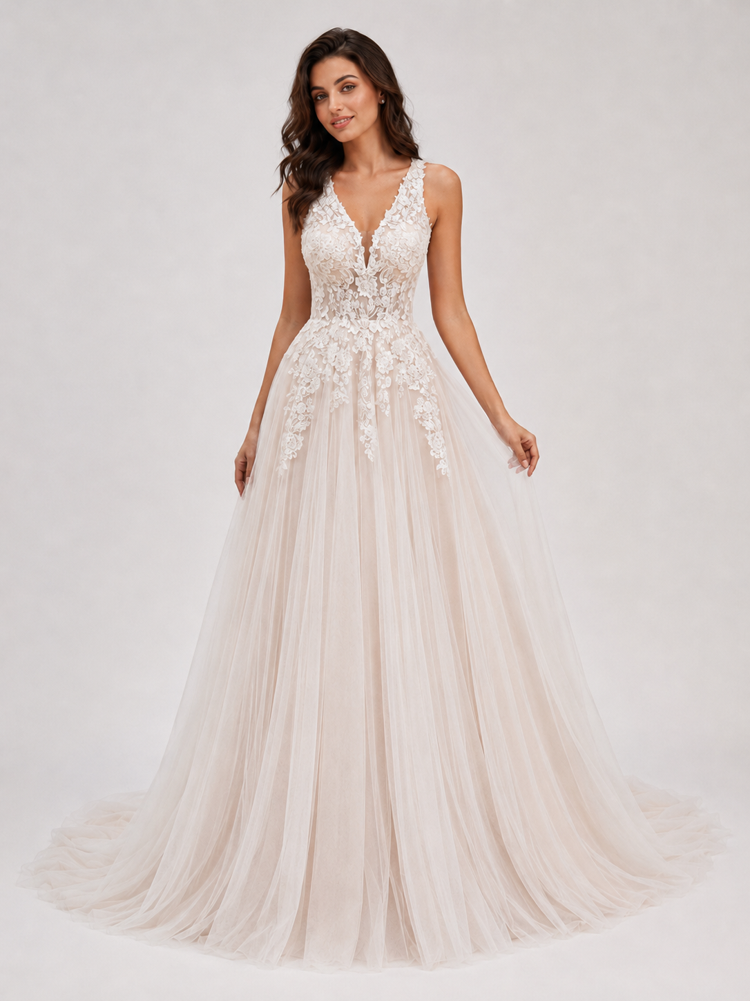 Elegant Illusion V-Neck Lace Applique A-Line Wedding Dress with Chapel Train