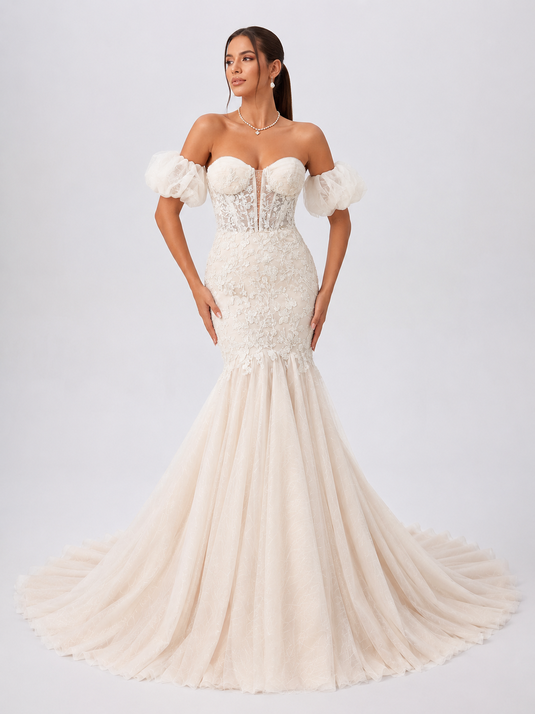 Elegant Off-the-Shoulder Detachable Puff Sleeve Lace Mermaid Wedding Dress with Chapel Train