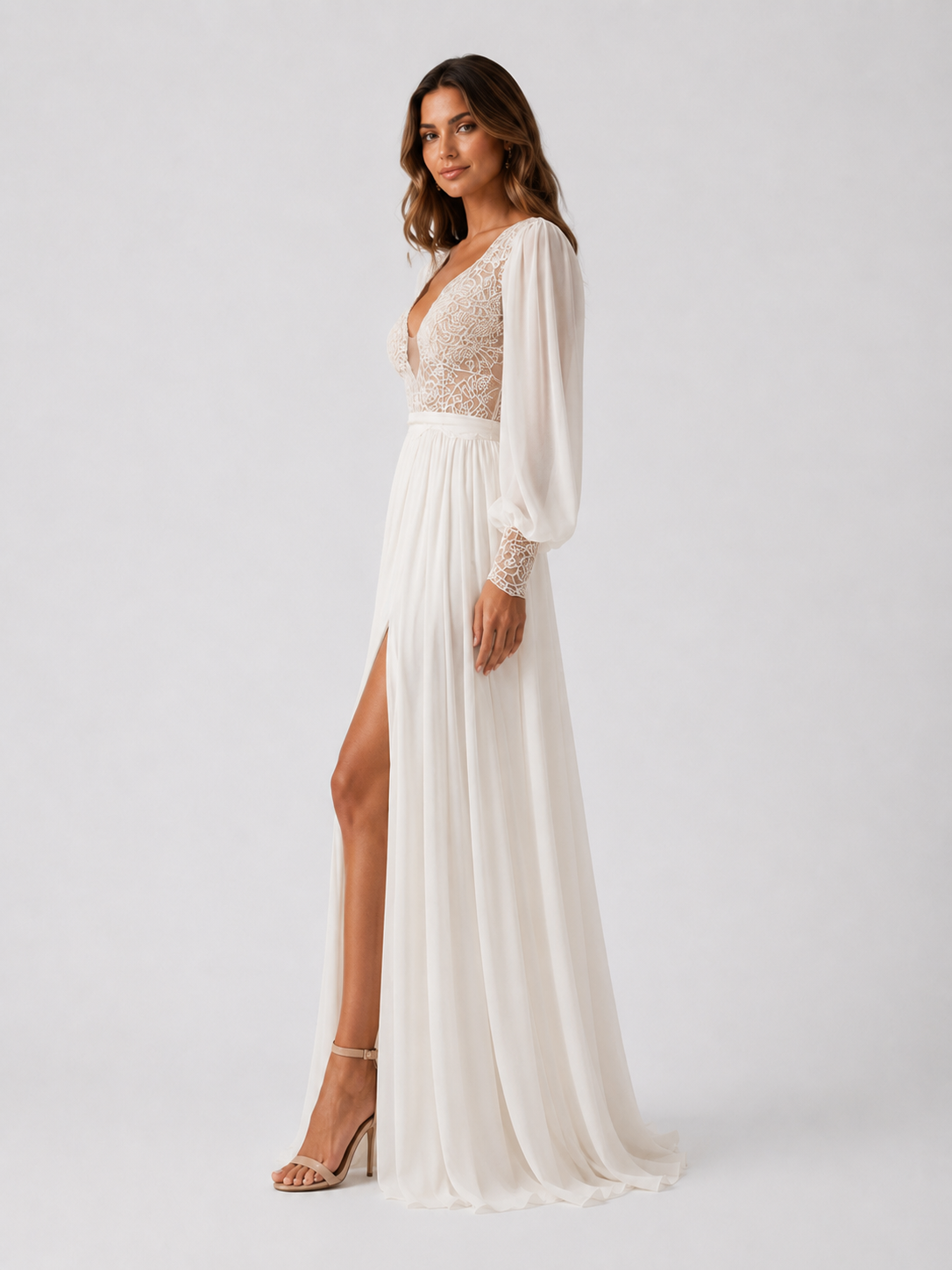 Elegant Lace Applique Long Sleeve A-Line Wedding Dress with Sweep Train