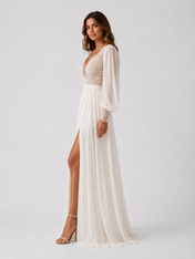 Elegant Lace Applique Long Sleeve A-Line Wedding Dress with Sweep Train