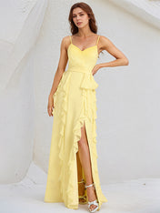 A Line Yellow Chiffon Spaghetti Straps Sleeveless Floor Length Dress With Ruffles