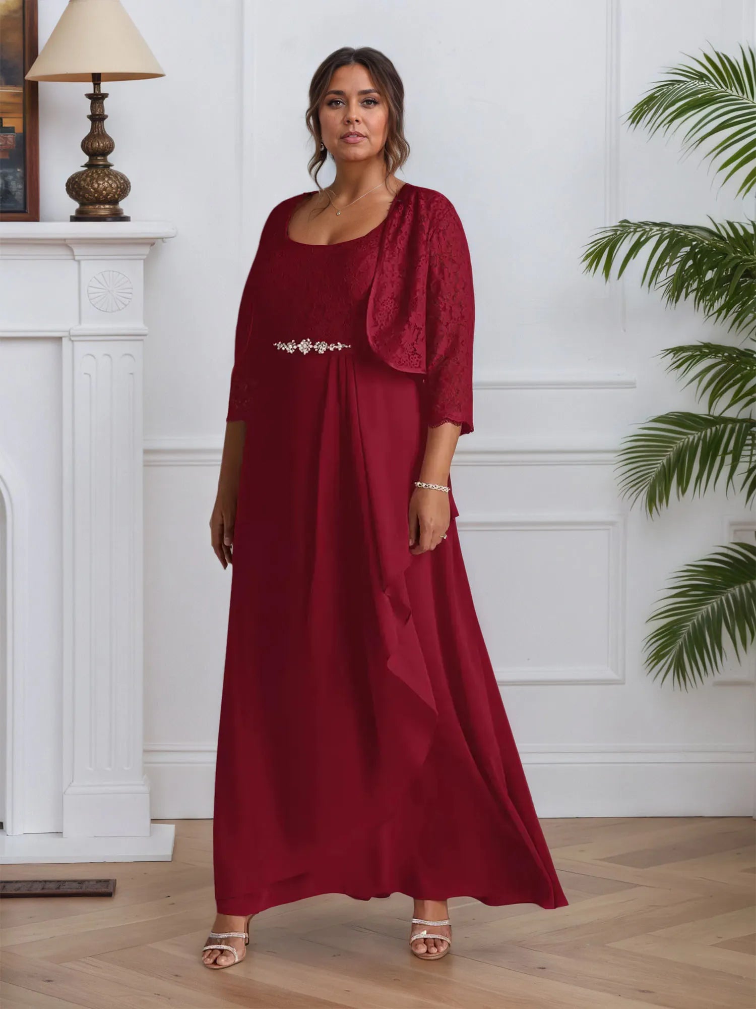 A-Line Square Neckline Lace Chiffon Mother of the Bride Dress