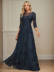 A-line Scoop Illusion Floor-Length Tulle Lace Mother of the Bride Dress With Sequins