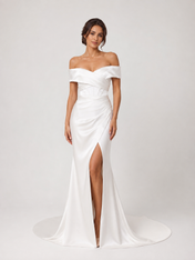 Elegant Off-the-Schouder Ruched Satin Mermaid Wedding Dress with High Slit and Chapel Train