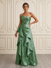 Strapless Sweetheart Metallic Ruffled Sleeveless Evening Dress