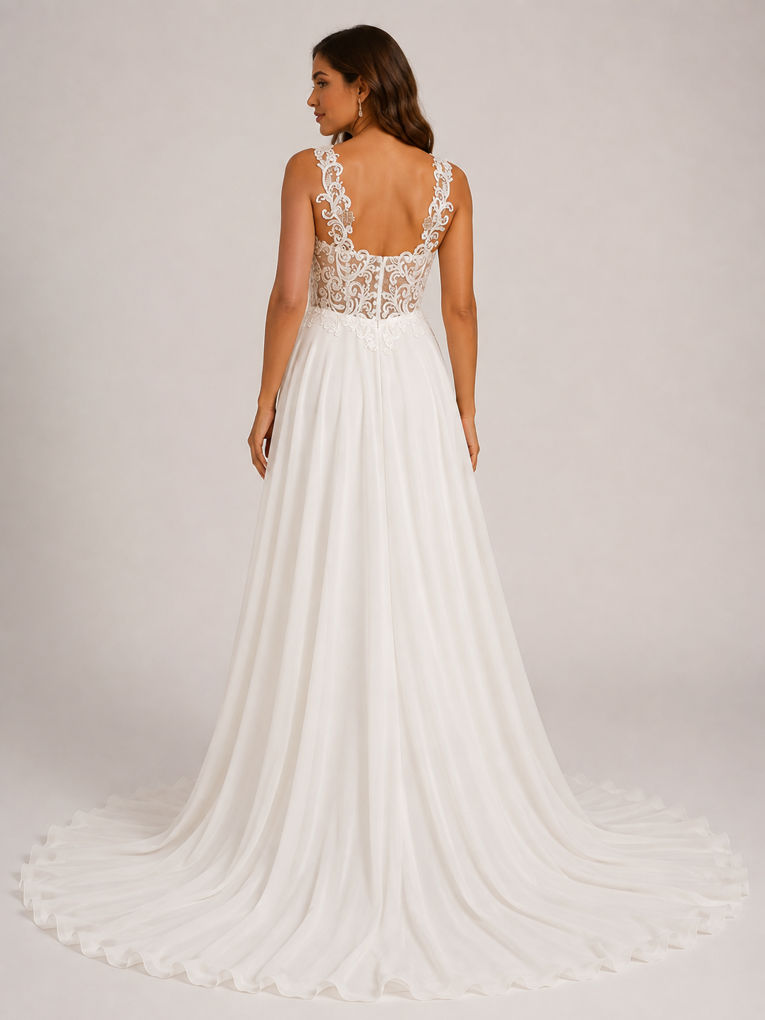Elegant Illusion Lace Bodice Chiffon A-Line Wedding Dress with High Slit and Sweep Train