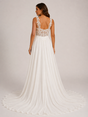 Elegant Illusion Lace Bodice Chiffon A-Line Wedding Dress with High Slit and Sweep Train