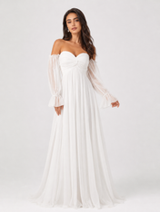 Elegant Off-the-Shoulder Long Sleeve Ruched Chiffon A-Line Wedding Dress with Sweep Train