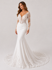 Elegant Long-Sleeve Illusion Lace Applique Satin Mermaid Wedding Dress with Chapel Train