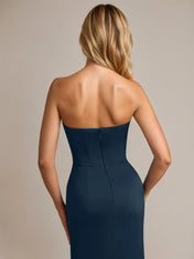 Navy Sheath/Column Satin Off The Shoulder Sleeveless Ankle Length Dresses