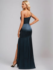 Dark Navy Satin A Line One Shoulder Floor Length Bridesmaid Dress With Ruffle
