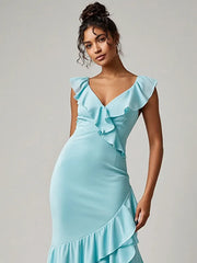 Party Dress Turquoise V-Neck Ruffle Maxi Dress