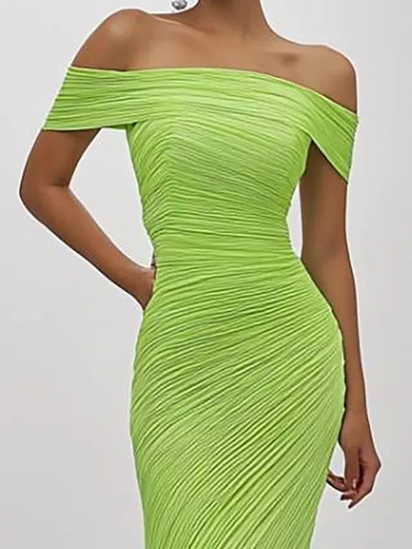 Prom Party Green Mermaid Dress Off Shoulder Pleated Long Prom Dress