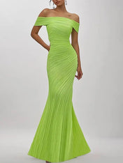 Prom Party Green Mermaid Dress Off Shoulder Pleated Long Prom Dress
