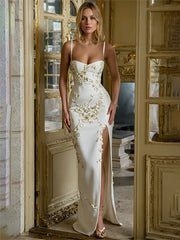 Elegant White Evening Gown With Floral Embroidery And Gold Embellishment With High Slit