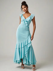 Party Dress Turquoise V-Neck Ruffle Maxi Dress
