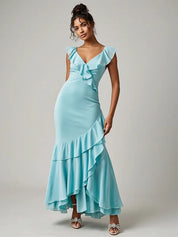 Party Dress Turquoise V-Neck Ruffle Maxi Dress