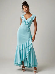 Party Dress Turquoise V-Neck Ruffle Maxi Dress