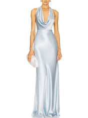 Party Dress Sky Blue Halter Neck Off Shoulder Maxi Dress