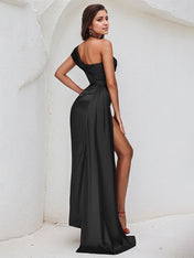 Black Satin One Shoulder Short Sleeves Asymmetrical Length Dress With High Slit