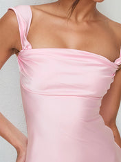 Pink Satin Asymmetrical Neckline Sleeveless Ankle Length Sheath Dress