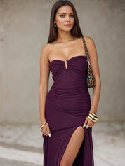 Grape Chiffon Off the Shoulder Sleeveless Asymmetrical Length Dress with High Slit
