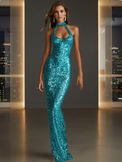 Glamorous Gold Sequin Halter Neck Mermaid Long Prom Dress