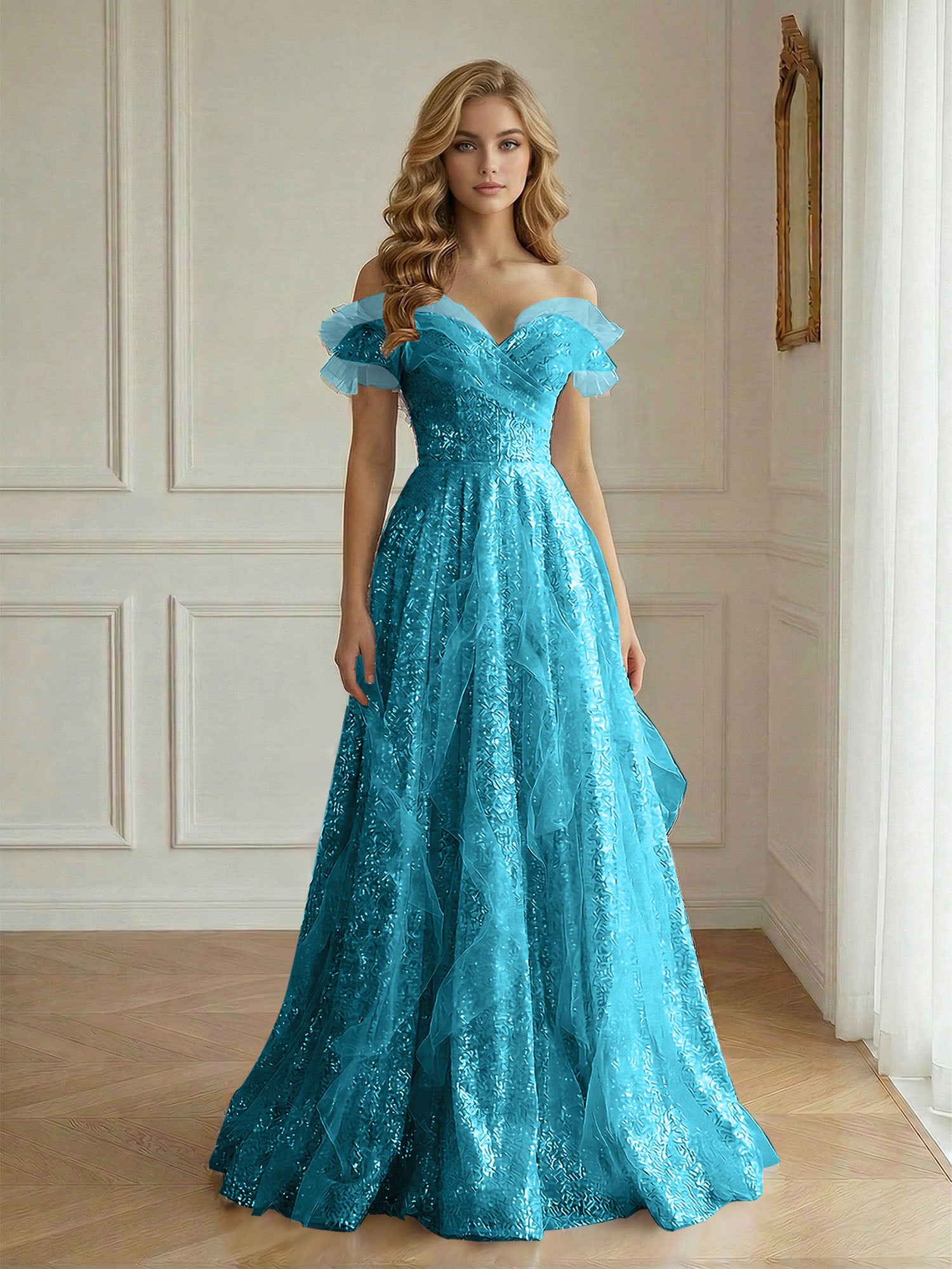 Off-the-Shoulder Sequin Tulle A-Line Gown with Ruffle Accents Prom Dress