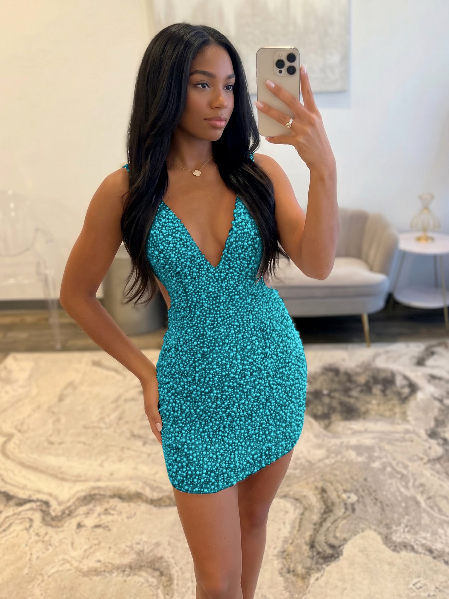 White V Neck Pearl Embellished Short Homecoming Dresses