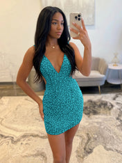 White V Neck Pearl Embellished Short Homecoming Dresses