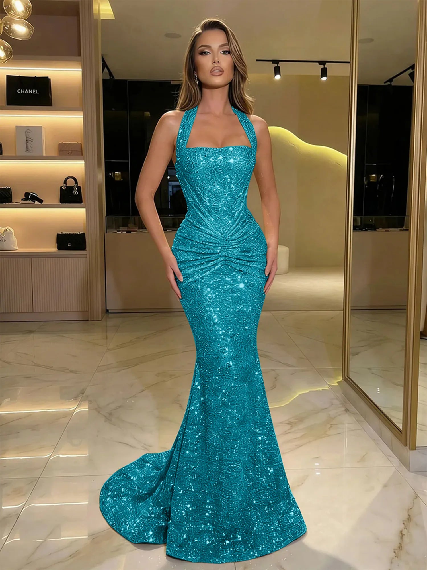 Gold Sequin Halter Mermaid Prom Dress with Ruched Waist