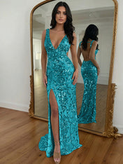 Gold Sequin V-Neck Open Back Mermaid Prom Dress with High Slit