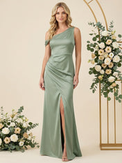 One Shoulder Satin Mermaid Long Bridesmaid Dresses for Women