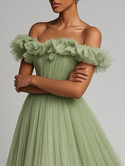 Pleated Tulle A Line Long Formal Dress with Ruffles