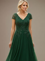 Emerald A-line V Neck Floor-Length Lace Chiffon Mother of the Bride Dress with Appliques