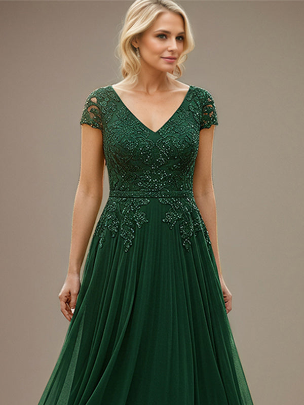 Emerald A-line V Neck Floor-Length Lace Chiffon Mother of the Bride Dress with Appliques