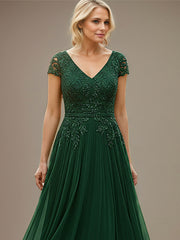 Emerald A-line V Neck Floor-Length Lace Chiffon Mother of the Bride Dress with Appliques