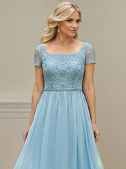 Light Blue A Line Square-Neck Chiffon Mother Of The Bride Dress With Appliques