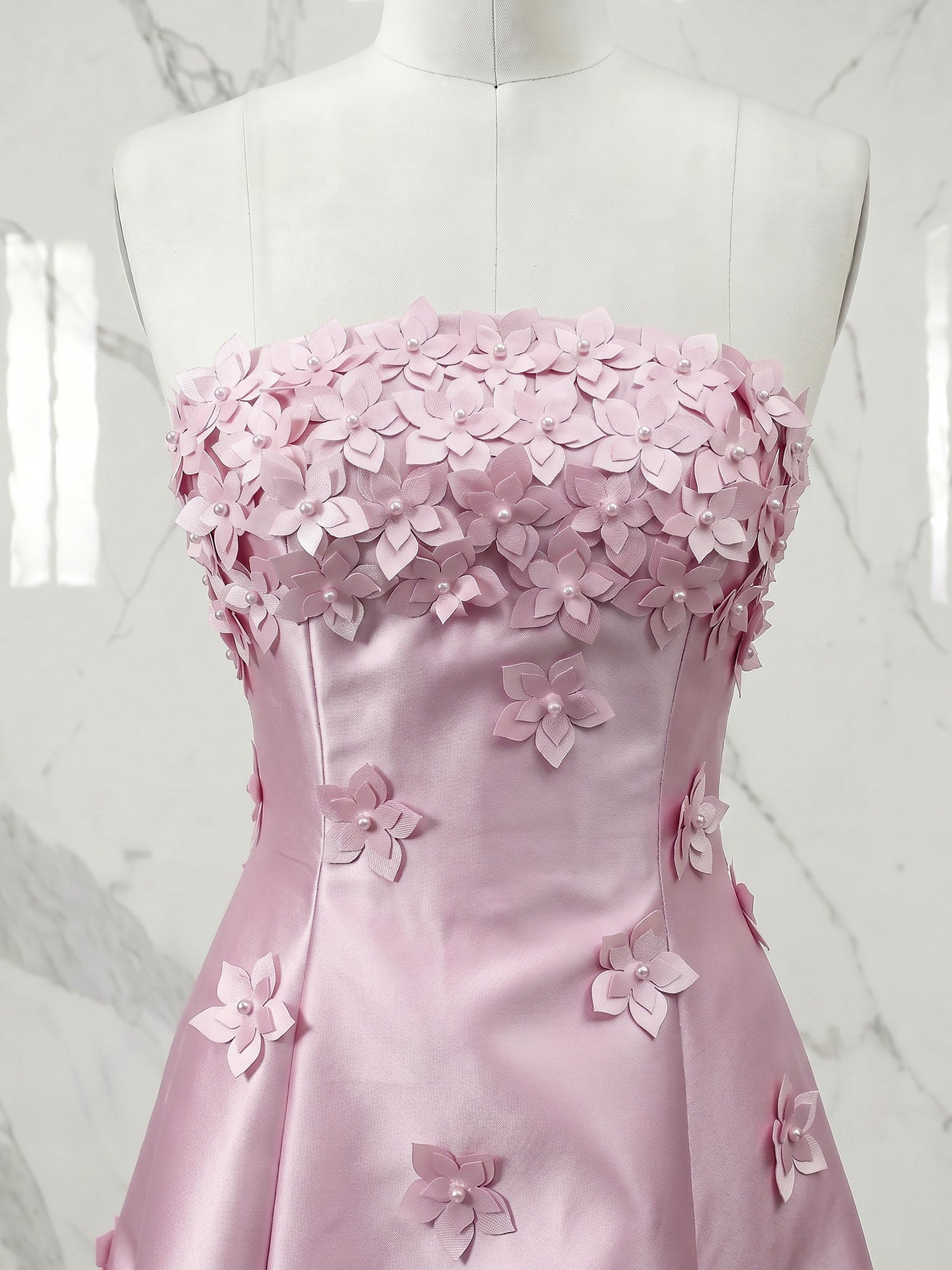 Romantic Pink Strapless 3D Floral A-Line Prom Dress