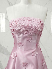 Romantic Pink Strapless 3D Floral A-Line Prom Dress