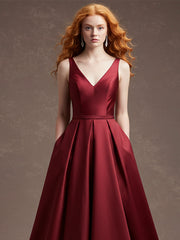 Burgundy Sheath/Column V-Neck Floor-Length Satin Prom Dress