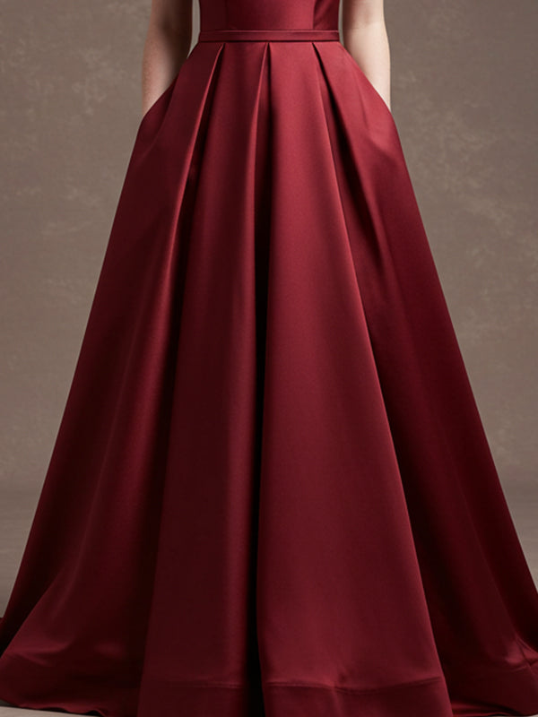 Burgundy Sheath/Column V-Neck Floor-Length Satin Prom Dress