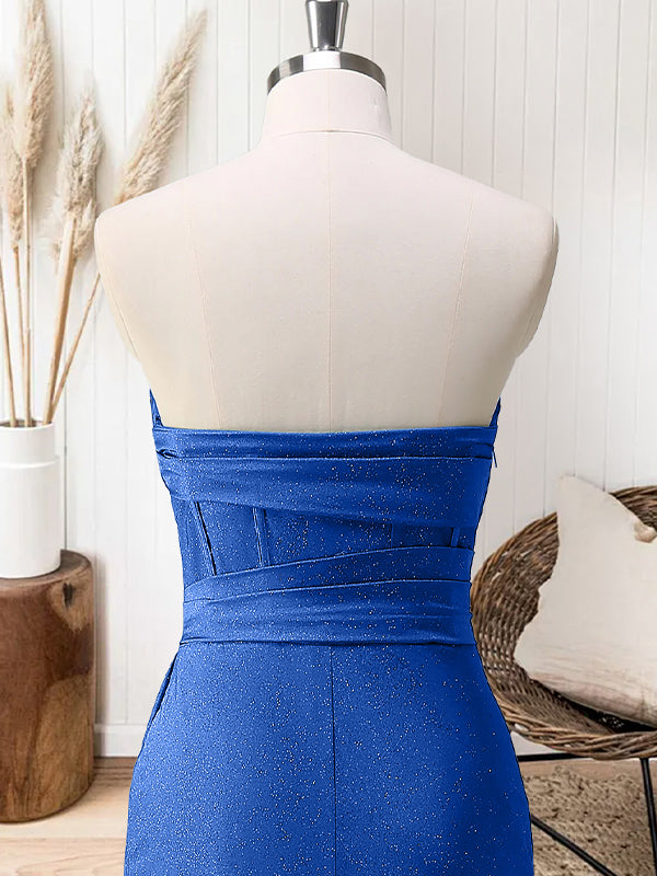 Glitter Royal Blue Strapless Mermaid Long Prom Dress with Slit