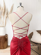 Red Mermaid Corset Spaghetti Straps Long Prom Dress with Appliques
