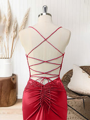 Red Mermaid Corset Spaghetti Straps Long Prom Dress with Appliques