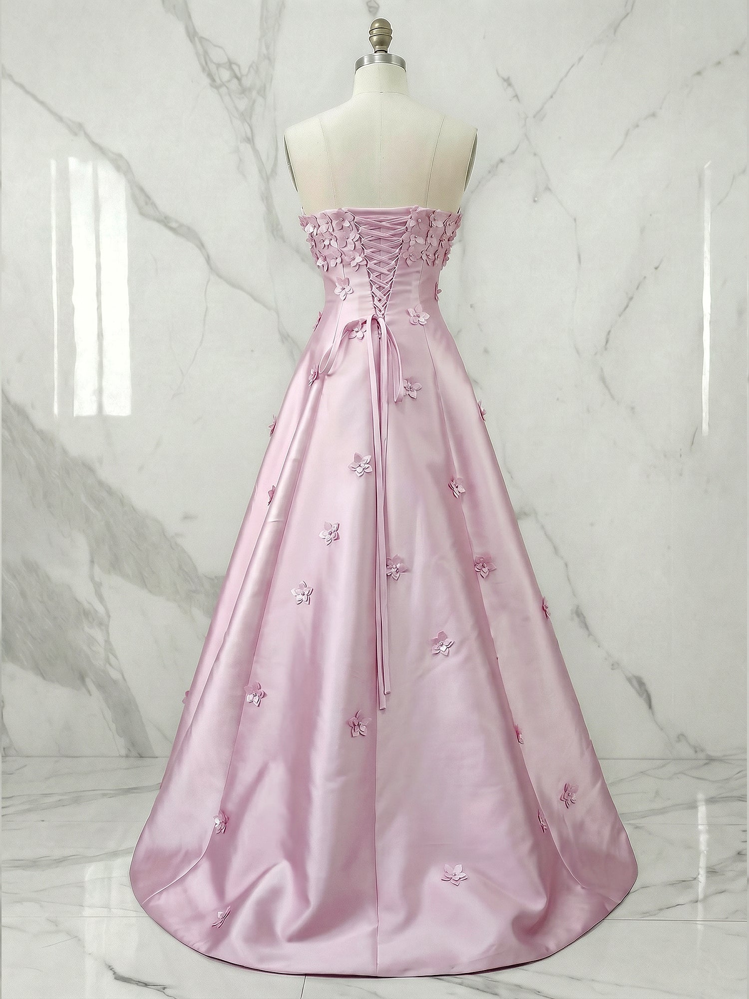 Romantic Pink Strapless 3D Floral A-Line Prom Dress