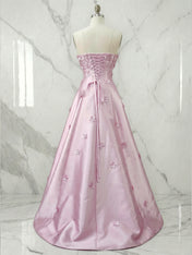 Romantic Pink Strapless 3D Floral A-Line Prom Dress