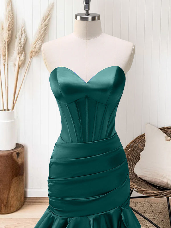 Green Mermaid Strapless Corset Tiered Long Prom Dress