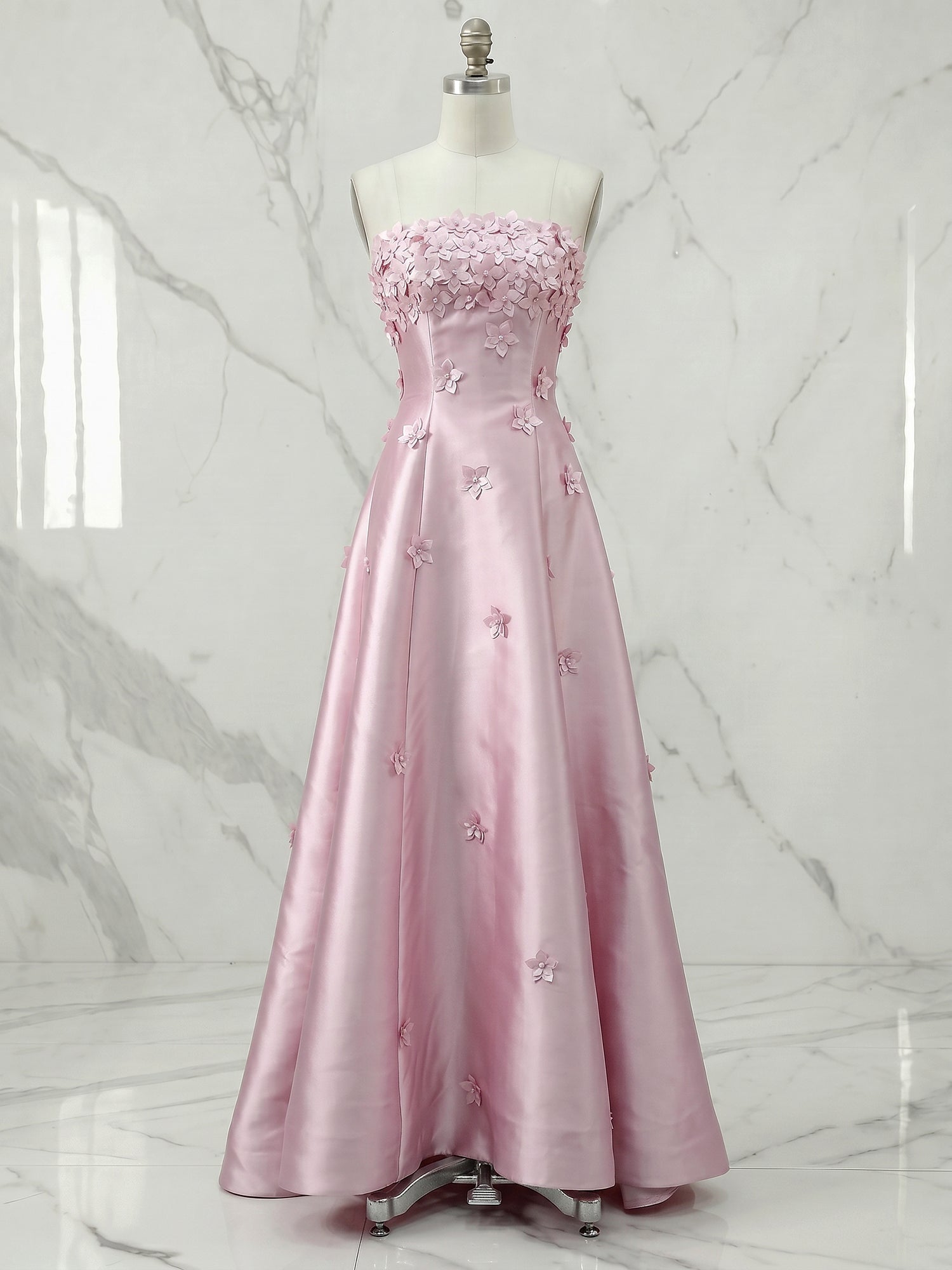 Romantic Pink Strapless 3D Floral A-Line Prom Dress