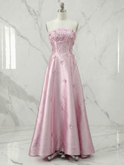 Romantic Pink Strapless 3D Floral A-Line Prom Dress